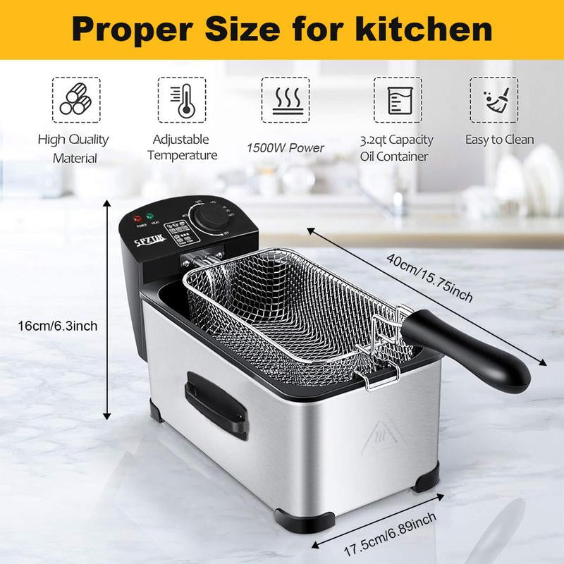 SPZTJK 3Qt Stainless Steel Deep Fryer with Basket, Adjustable Temperature, Timer, Lid with View Window, Professional Style for Home Use