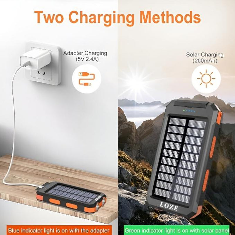 LOZE Solar Power Bank, 10000Mah 5V2A Fast Charging Multifunctional Solar Panel Power Bank with Super Bright LED Light, Dual Flashlights, Dual USB Ports and C Interface, Suitable for Outdoor Travel, Daily Use.