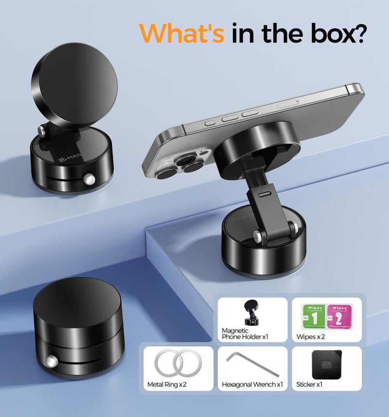 MAGIC JOHN Smartphone Holder Magsafe Compatible Soft Gel Suction × Clamp Dual Locking System with Vacuum Suction Cup 360° Rotation N55 Magnets One-Handed Operation Universal for Iphone & Android Car Mount Phone Stand