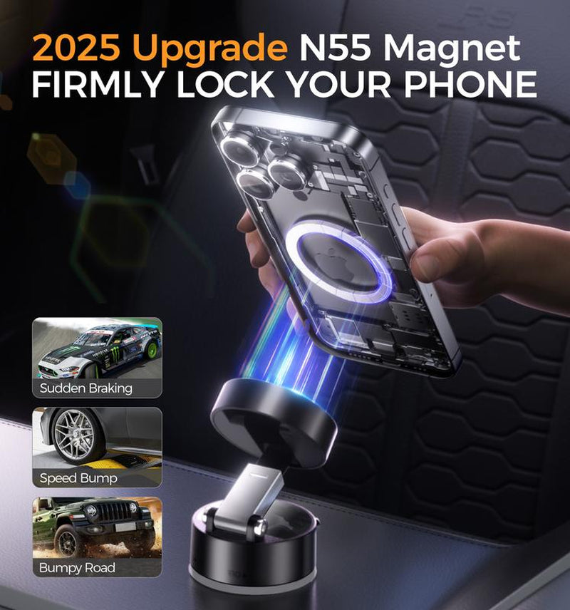 MAGIC JOHN Smartphone Holder Magsafe Compatible Soft Gel Suction × Clamp Dual Locking System with Vacuum Suction Cup 360° Rotation N55 Magnets One-Handed Operation Universal for Iphone & Android Car Mount Phone Stand
