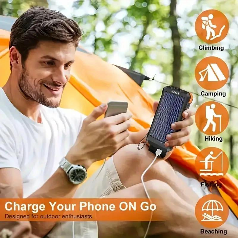 LOZE Solar Power Bank, 10000Mah 5V2A Fast Charging Multifunctional Solar Panel Power Bank with Super Bright LED Light, Dual Flashlights, Dual USB Ports and C Interface, Suitable for Outdoor Travel, Daily Use.