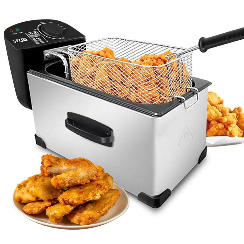 SPZTJK 3Qt Stainless Steel Deep Fryer with Basket, Adjustable Temperature, Timer, Lid with View Window, Professional Style for Home Use