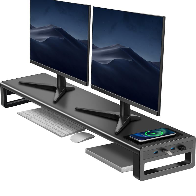 VAYDEER Dual Monitor Stand Aluminum Monitor Riser with Wireless Charging and 4 USB 3.0 Hub Ports Metal Strong&Sturdy for PC Monitor Laptop Macbook TV Printer Space Saving Desk Organizer