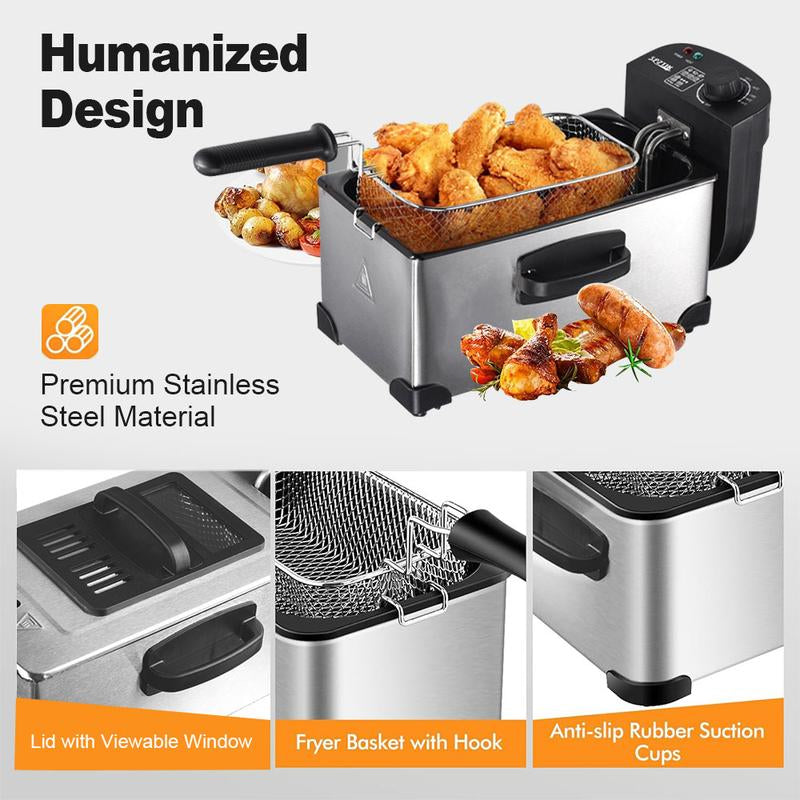 SPZTJK 3Qt Stainless Steel Deep Fryer with Basket, Adjustable Temperature, Timer, Lid with View Window, Professional Style for Home Use
