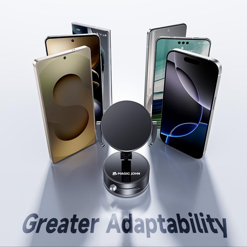 MAGIC JOHN Smartphone Holder Magsafe Compatible Soft Gel Suction × Clamp Dual Locking System with Vacuum Suction Cup 360° Rotation N55 Magnets One-Handed Operation Universal for Iphone & Android Car Mount Phone Stand