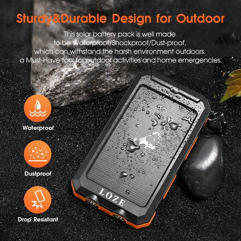 LOZE Solar Power Bank, 10000Mah 5V2A Fast Charging Multifunctional Solar Panel Power Bank with Super Bright LED Light, Dual Flashlights, Dual USB Ports and C Interface, Suitable for Outdoor Travel, Daily Use.