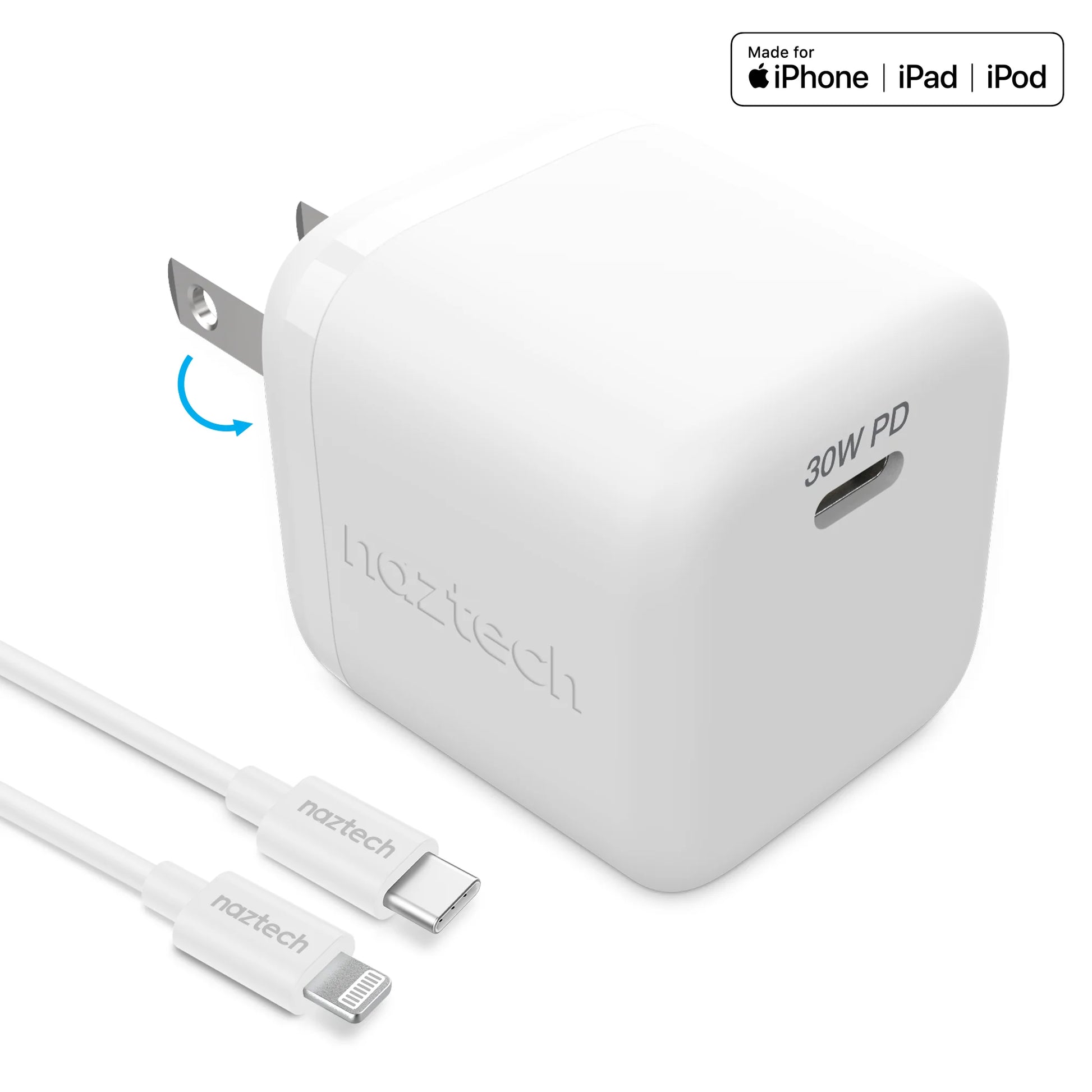 Naztech 30W PD Smart Chip Tech Wall Charger + USB-C to MFI Cable 6Ft