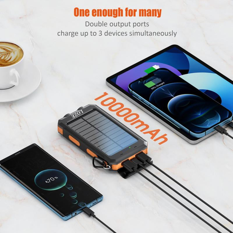 LOZE Solar Power Bank, 10000Mah 5V2A Fast Charging Multifunctional Solar Panel Power Bank with Super Bright LED Light, Dual Flashlights, Dual USB Ports and C Interface, Suitable for Outdoor Travel, Daily Use.