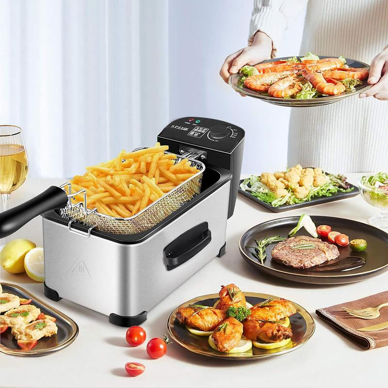 SPZTJK 3Qt Stainless Steel Deep Fryer with Basket, Adjustable Temperature, Timer, Lid with View Window, Professional Style for Home Use