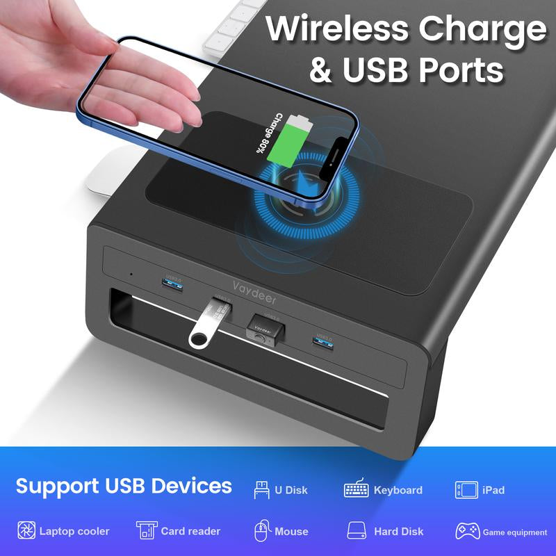 VAYDEER Dual Monitor Stand Aluminum Monitor Riser with Wireless Charging and 4 USB 3.0 Hub Ports Metal Strong&Sturdy for PC Monitor Laptop Macbook TV Printer Space Saving Desk Organizer