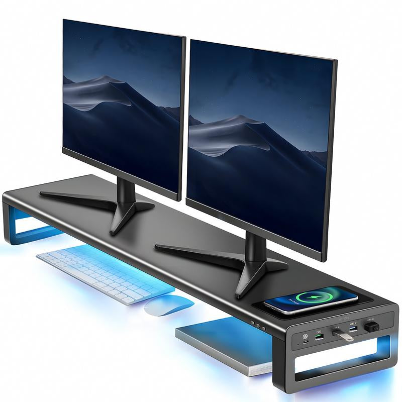 VAYDEER Dual Monitor Stand Aluminum Monitor Riser with Wireless Charging and 4 USB 3.0 Hub Ports Metal Strong&Sturdy for PC Monitor Laptop Macbook TV Printer Space Saving Desk Organizer