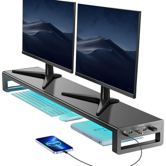 VAYDEER Dual Monitor Stand Aluminum Monitor Riser with Wireless Charging and 4 USB 3.0 Hub Ports Metal Strong&Sturdy for PC Monitor Laptop Macbook TV Printer Space Saving Desk Organizer