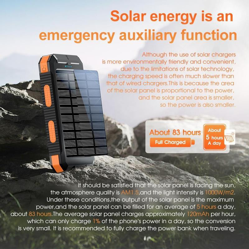 LOZE Solar Power Bank, 10000Mah 5V2A Fast Charging Multifunctional Solar Panel Power Bank with Super Bright LED Light, Dual Flashlights, Dual USB Ports and C Interface, Suitable for Outdoor Travel, Daily Use.
