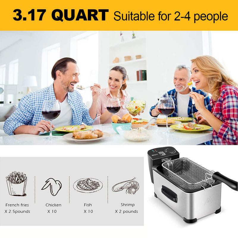 SPZTJK 3Qt Stainless Steel Deep Fryer with Basket, Adjustable Temperature, Timer, Lid with View Window, Professional Style for Home Use