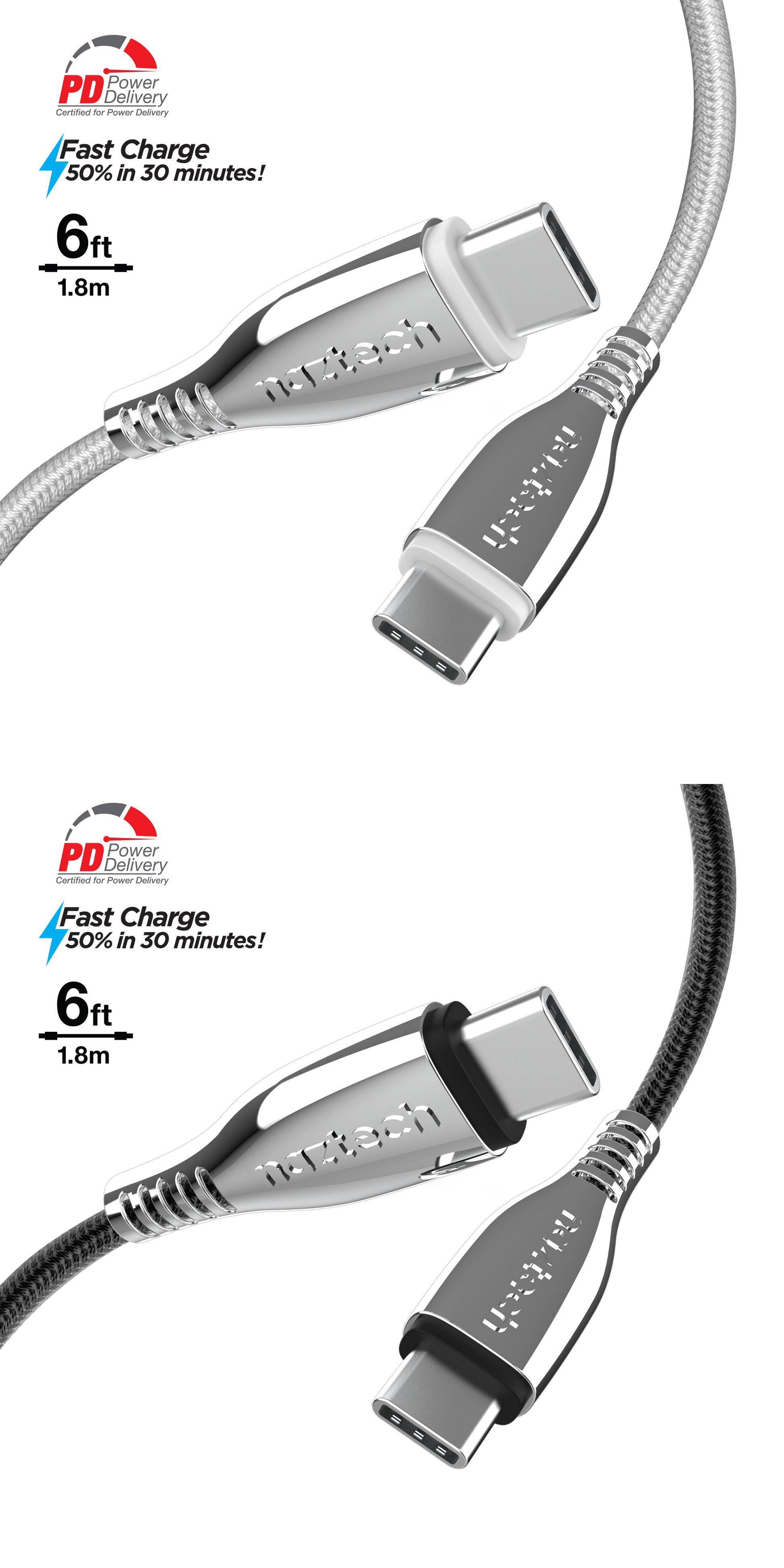 Naztech Titanium USB-C to USB-C Braided Cable 6Ft