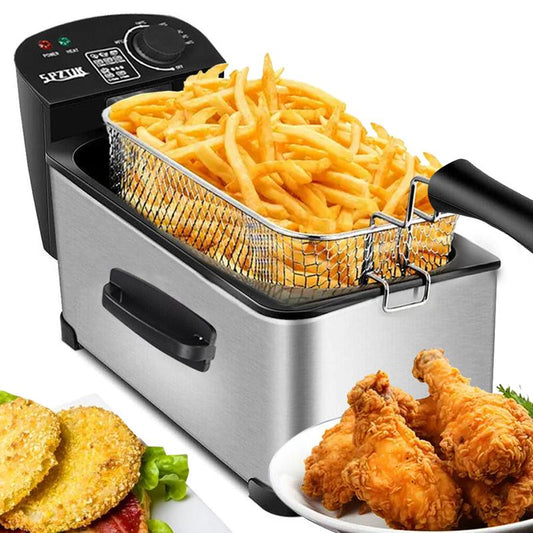 SPZTJK 3Qt Stainless Steel Deep Fryer with Basket, Adjustable Temperature, Timer, Lid with View Window, Professional Style for Home Use