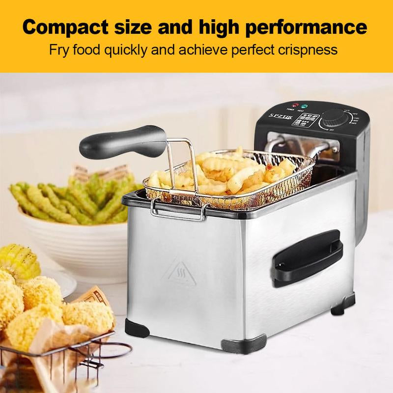 SPZTJK 3Qt Stainless Steel Deep Fryer with Basket, Adjustable Temperature, Timer, Lid with View Window, Professional Style for Home Use