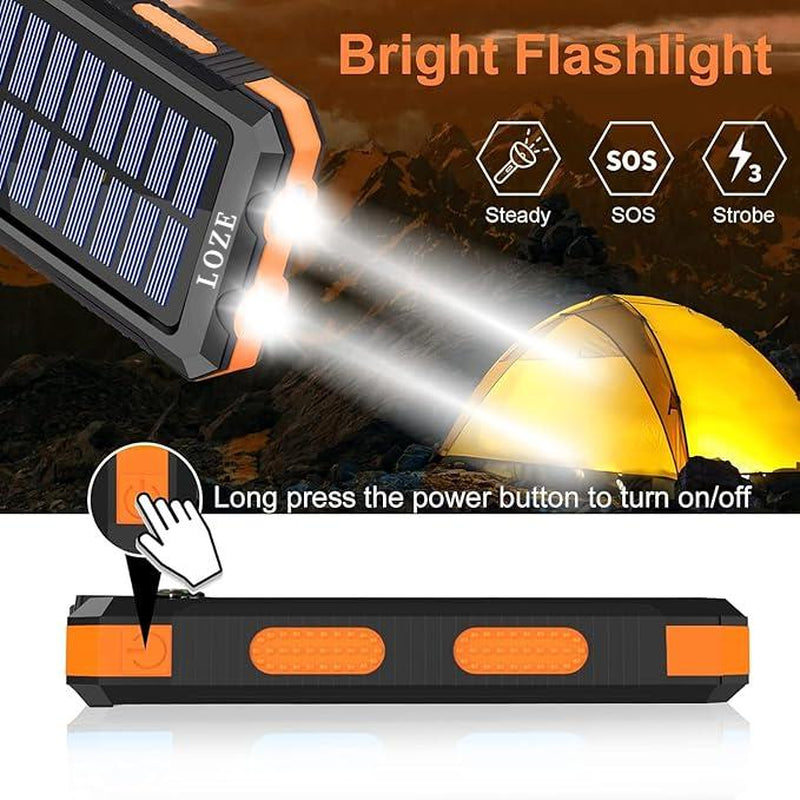 LOZE Solar Power Bank, 10000Mah 5V2A Fast Charging Multifunctional Solar Panel Power Bank with Super Bright LED Light, Dual Flashlights, Dual USB Ports and C Interface, Suitable for Outdoor Travel, Daily Use.