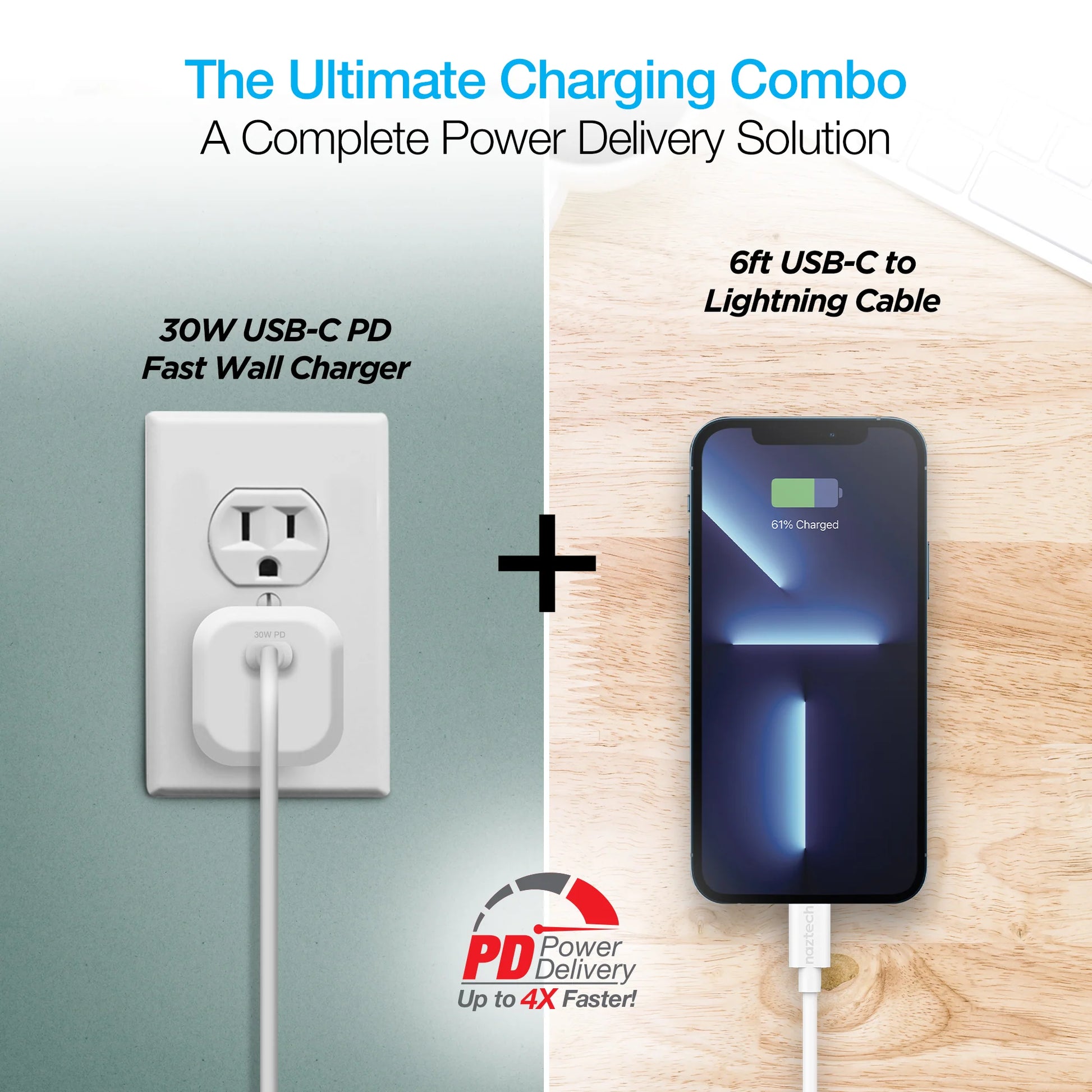 Naztech 30W PD Smart Chip Tech Wall Charger + USB-C to MFI Cable 6Ft