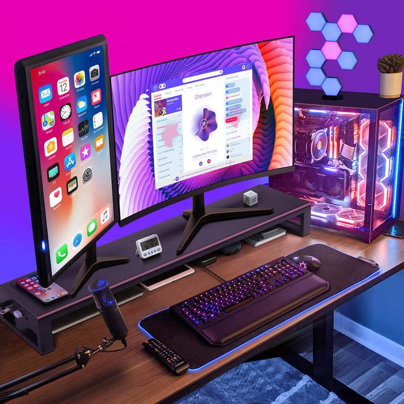 VAYDEER Dual Monitor Stand Aluminum Monitor Riser with Wireless Charging and 4 USB 3.0 Hub Ports Metal Strong&Sturdy for PC Monitor Laptop Macbook TV Printer Space Saving Desk Organizer