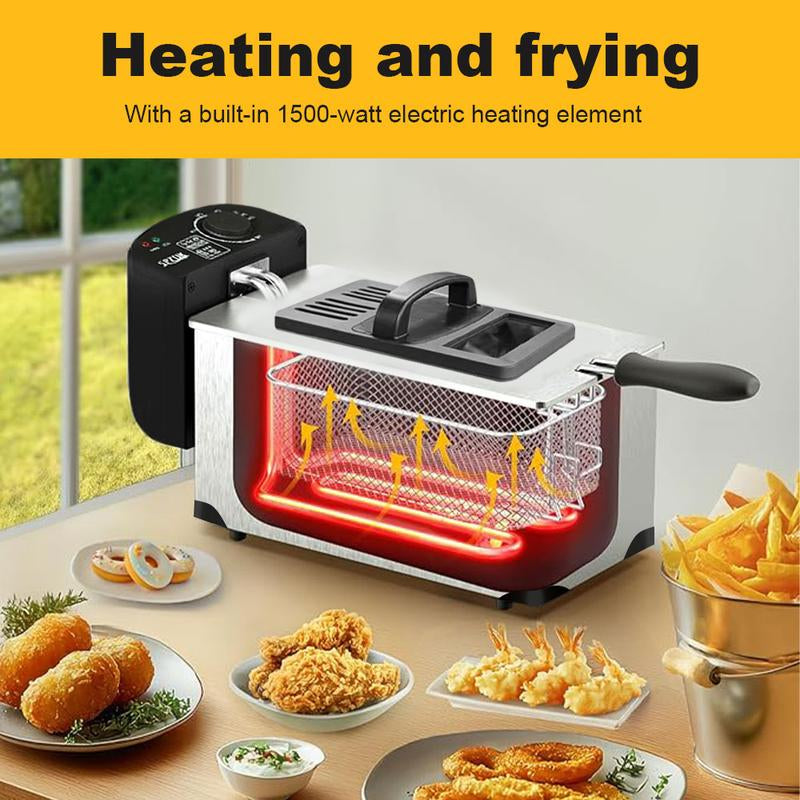 SPZTJK 3Qt Stainless Steel Deep Fryer with Basket, Adjustable Temperature, Timer, Lid with View Window, Professional Style for Home Use